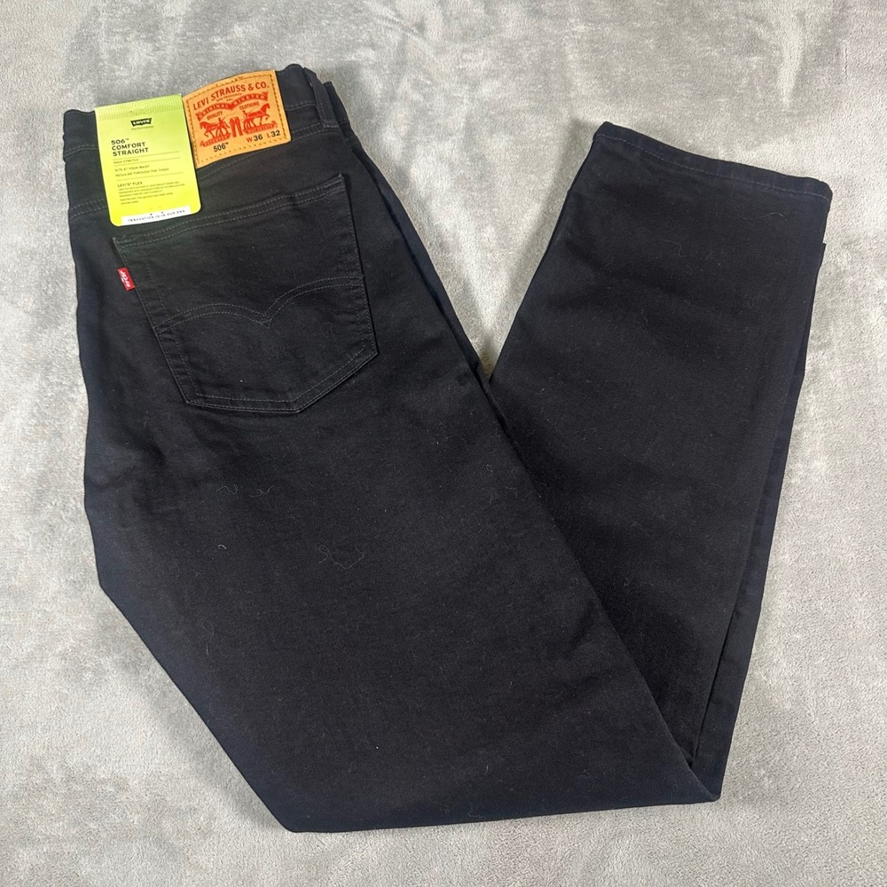 Levis 506 Regular Fit Straight Leg Jeans Mens 36x32 Black Stretch Denim NWT